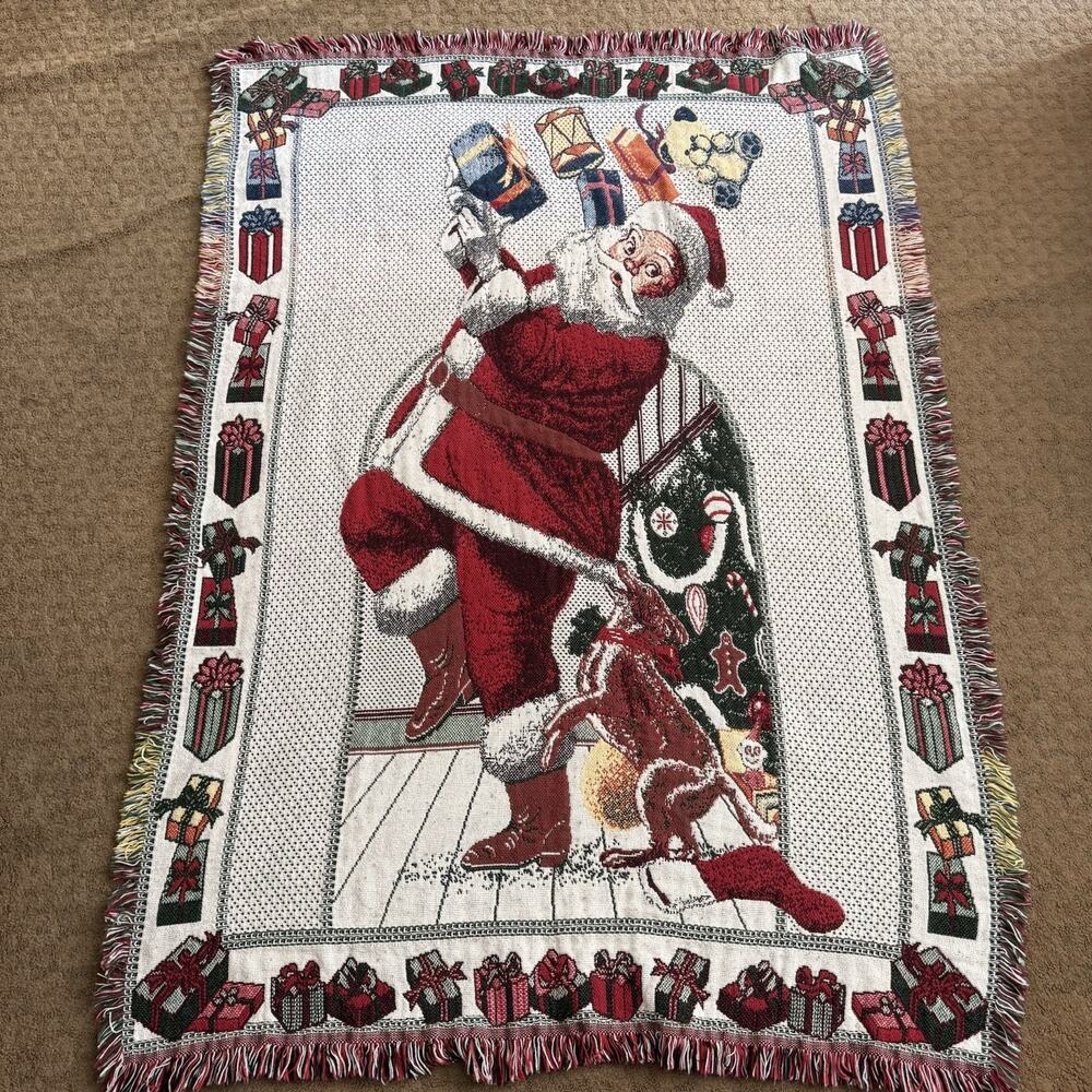 Vintage Santa Claus Woven Cotton Fringed Throw Blanket 50x40 Christmas